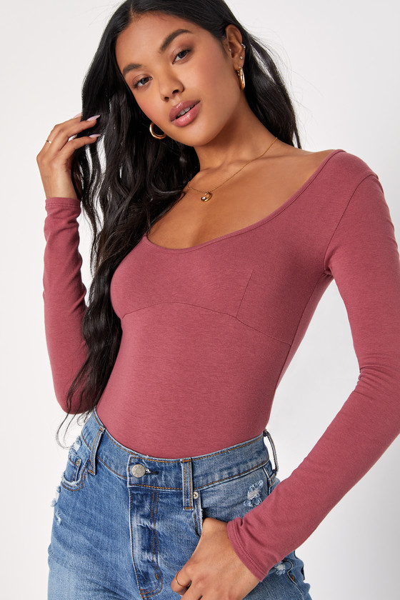 Mauve Bodysuit Long Sleeve Bodysuit Scoop Neck Bodysuit Lulus