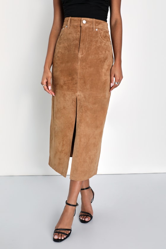 Excellent Impulse Tan Suede Leather High-Rise Midi Skirt 3