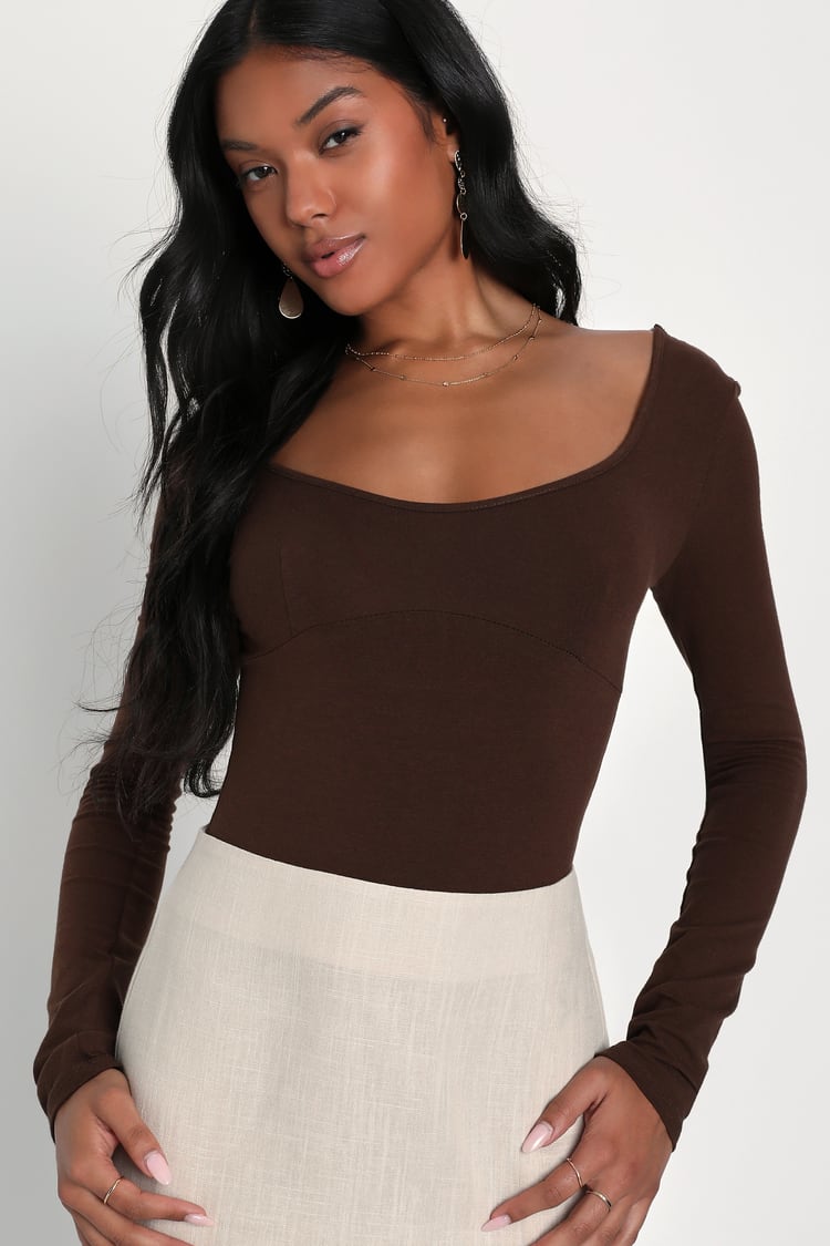 Dark Brown Bodysuit - Long Sleeve Bodysuit - Scoop Neck Bodysuit