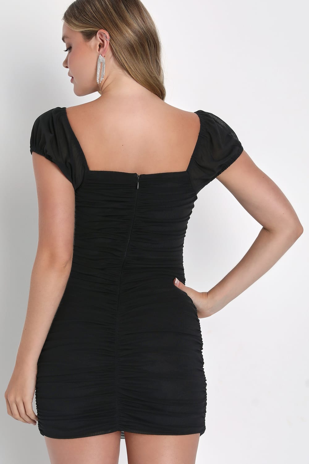 Sensational Instincts Black Mesh Ruched Bodycon Mini Dress