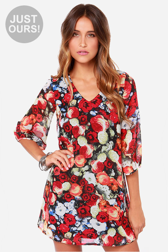 red floral shift dress