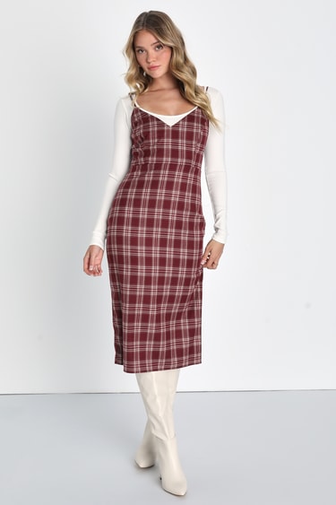 Iconic Favorite Burgundy Plaid Sleeveless Midi Dress
