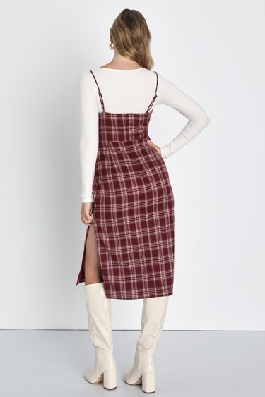 Iconic Favorite Burgundy Plaid Sleeveless Midi Dress
