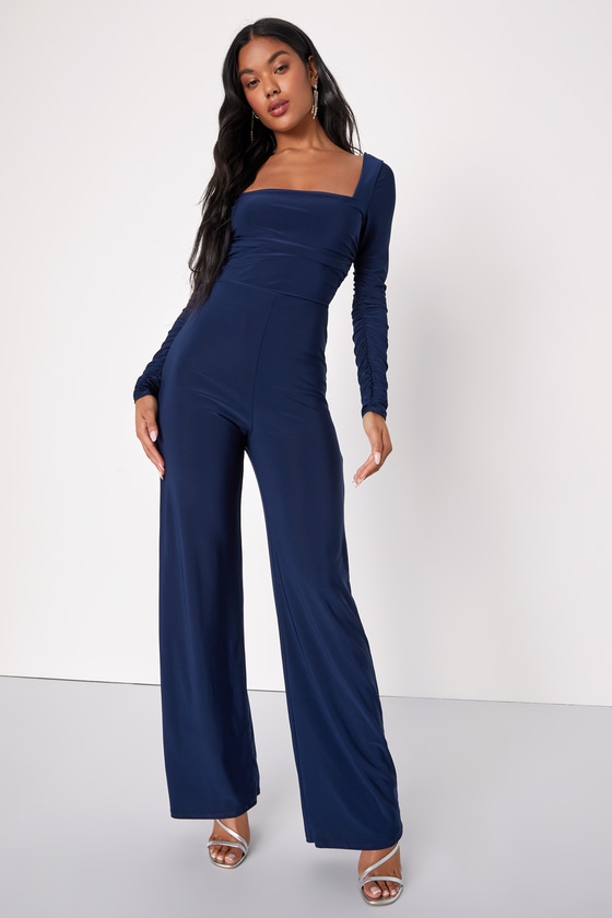 Chic Navy Blue Jumpsuit Ruched Jumpsuit Long Sleeve Jumpsuit Lulus