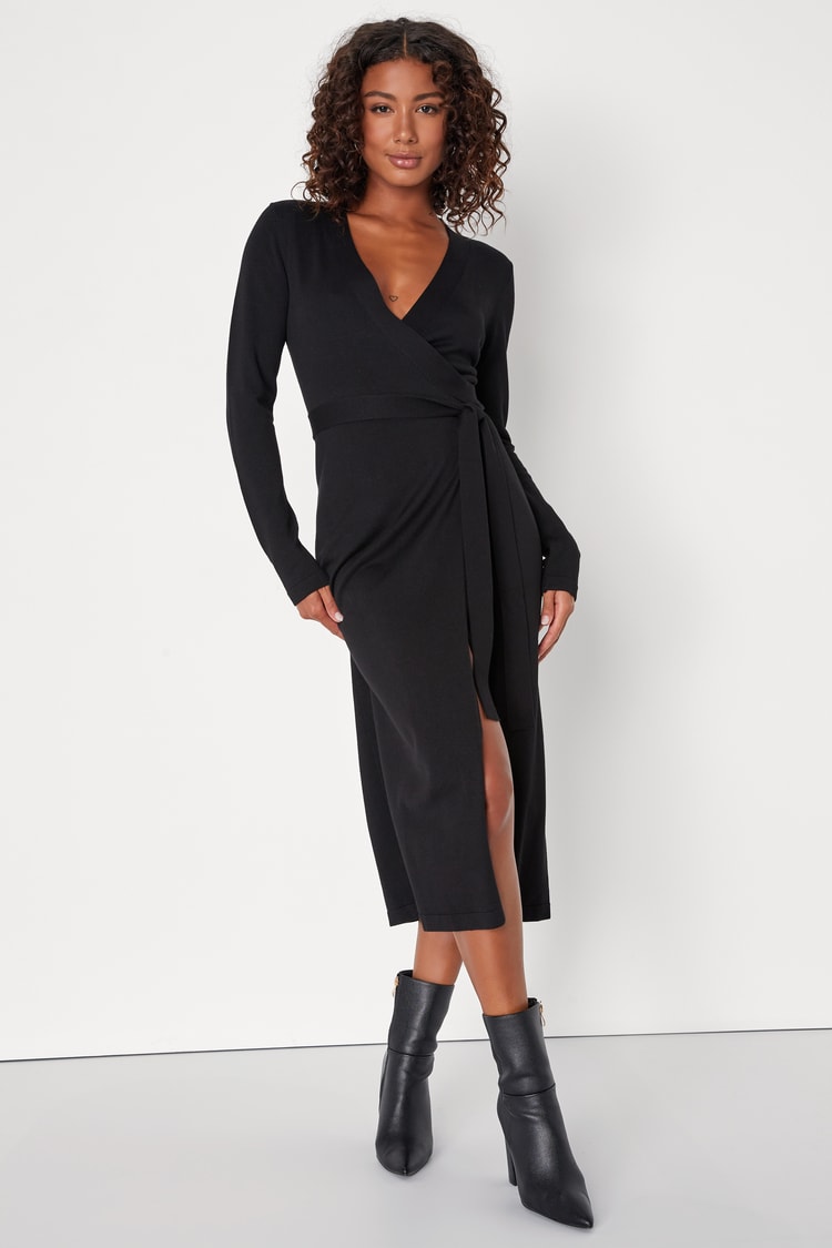 black sweater wrap dress Black Wrap Knit dress – Desert Mariposa Boutique main image 1