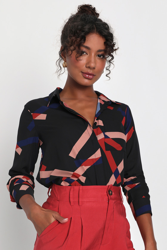 Geometric Print Cold Shoulder Button Up Top