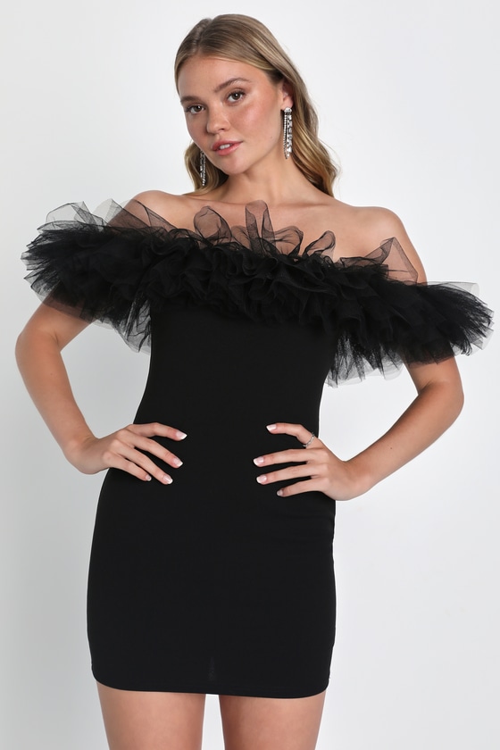 Lulus Luxurious Charm Black Tulle Off-the-shoulder Mini Dress