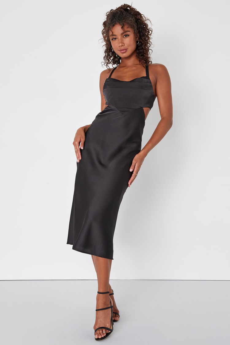 knee length dresses for ladies Black Satin Cowl Neck Midi Dress