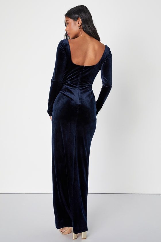 Navy Blue Velvet Dress Long Sleeve Gown Tulip Maxi Dress Lulus