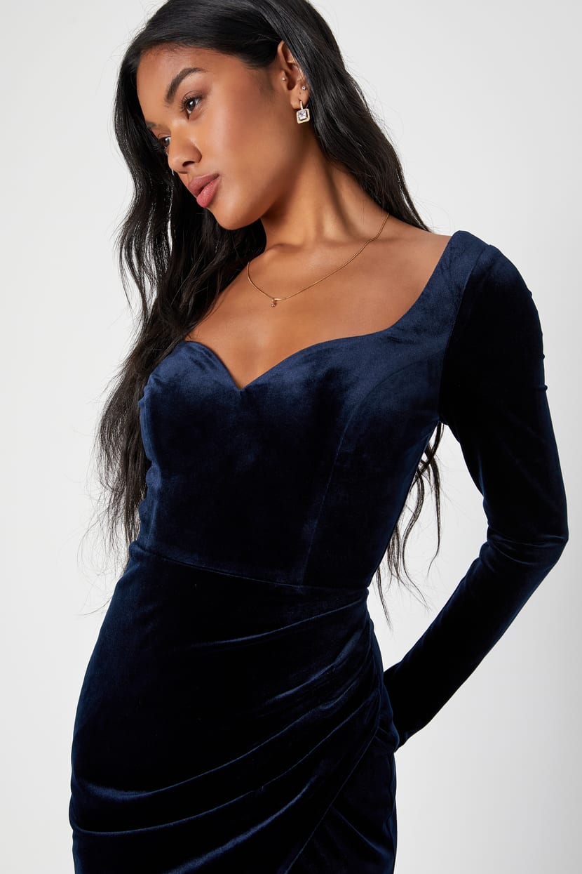 Forever Sensational Navy Blue Velvet Long Sleeve Maxi Dress