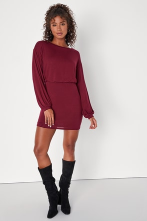 Casual Charmer Burgundy Long Sleeve Bodycon Mini Dress