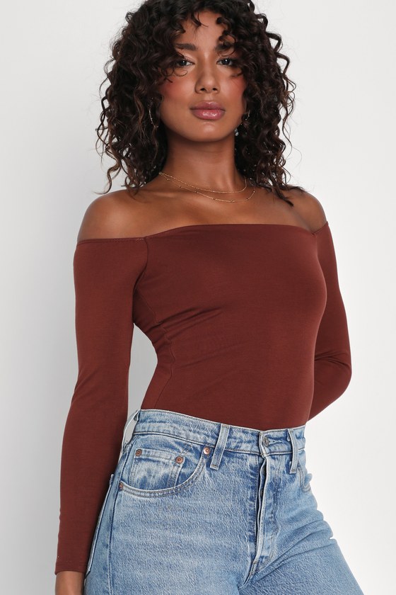 Brown OfftheShoulder Bodysuit Long Sleeve Bodysuit Bodysuit Lulus