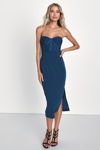 Passionate Aura Teal Blue Textured Strapless Bustier Midi Dress