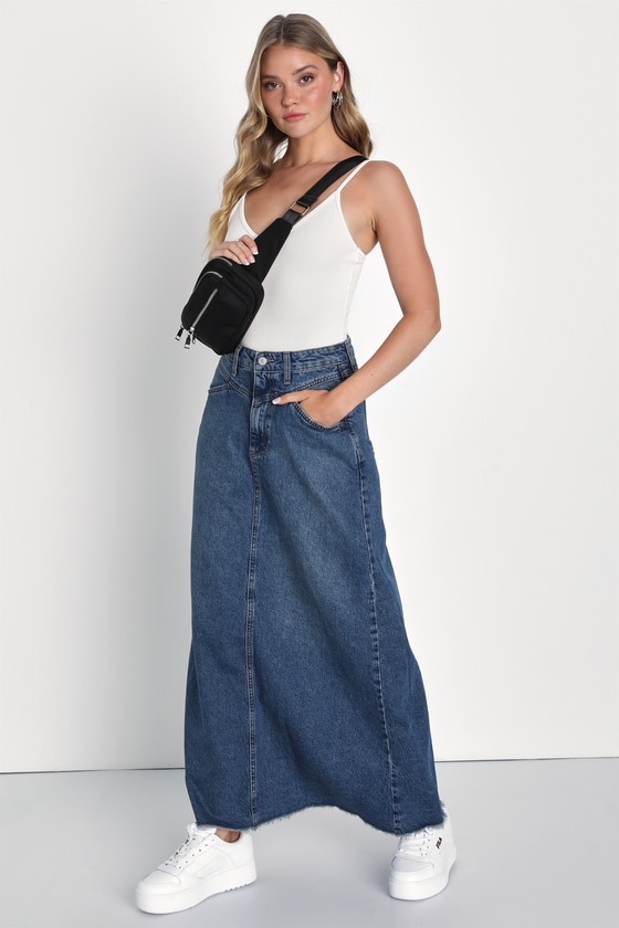 Come As You Are Dark Wash Mid-Rise Denim Maxi Skirt 1