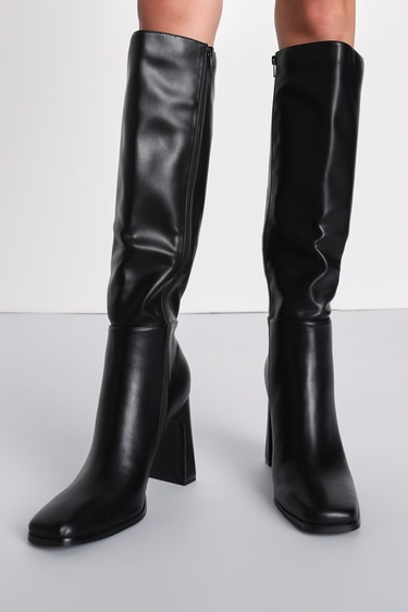 Faux Leather Boots Black Knee-High Boots Square Toe Boots Lulus
