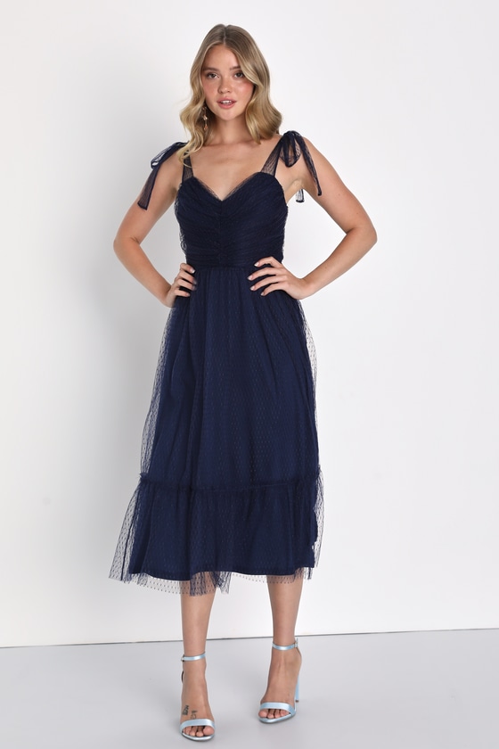 Lulus Perfectly Confident Navy Mesh Swiss Dot Tie-strap Midi Dress