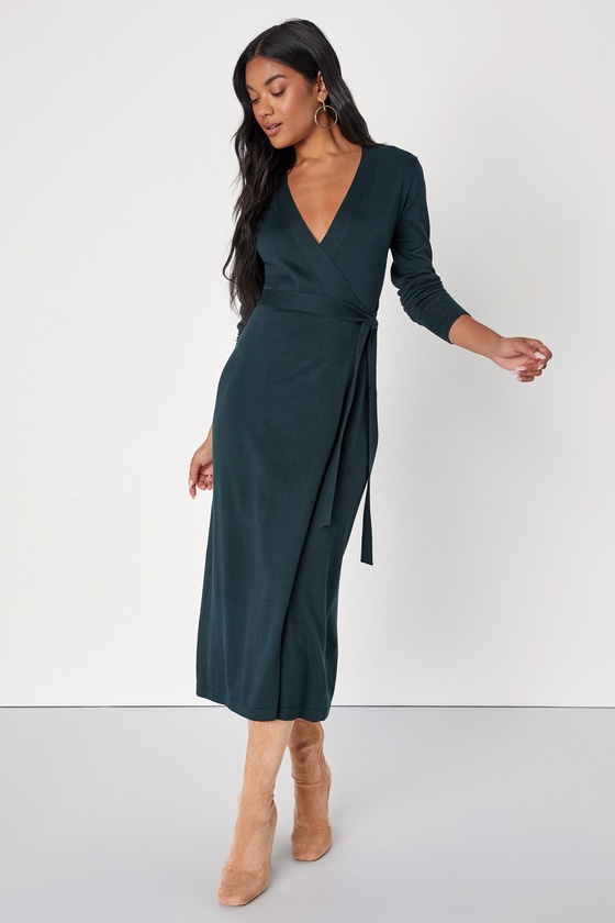 Emerald Green Sweater Dress - Midi Wrap Dress - Long Sleeve Dress - Lulus