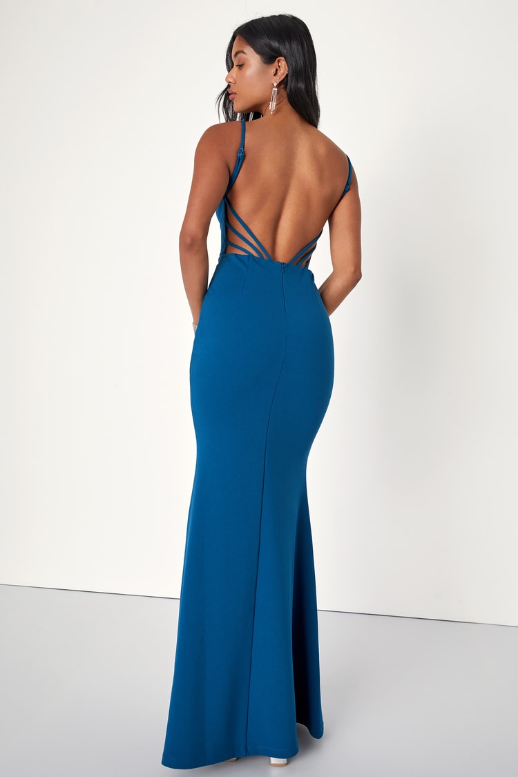 Alluring Delight Teal Blue Strappy Backless Mermaid Maxi Dress