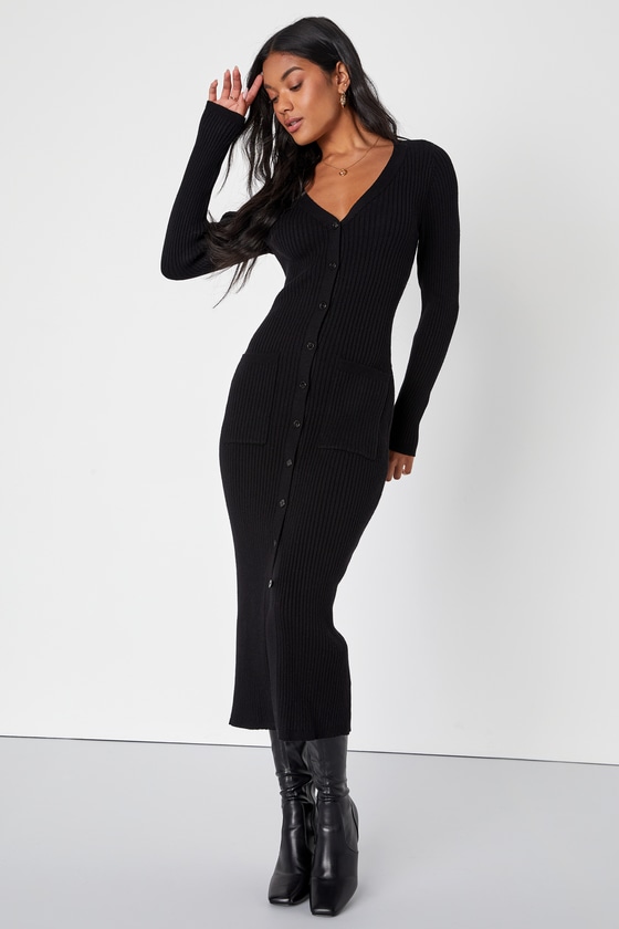 Black Ribbed Dress - Midi Dress with Pockets - Button-Up Dress - Lulus