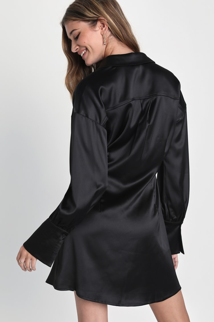 fitted lace wedding dress Pure Silk Midi Dresses Long Sleeve Button Down Silk Shirt Dress Black / Xs main image 1