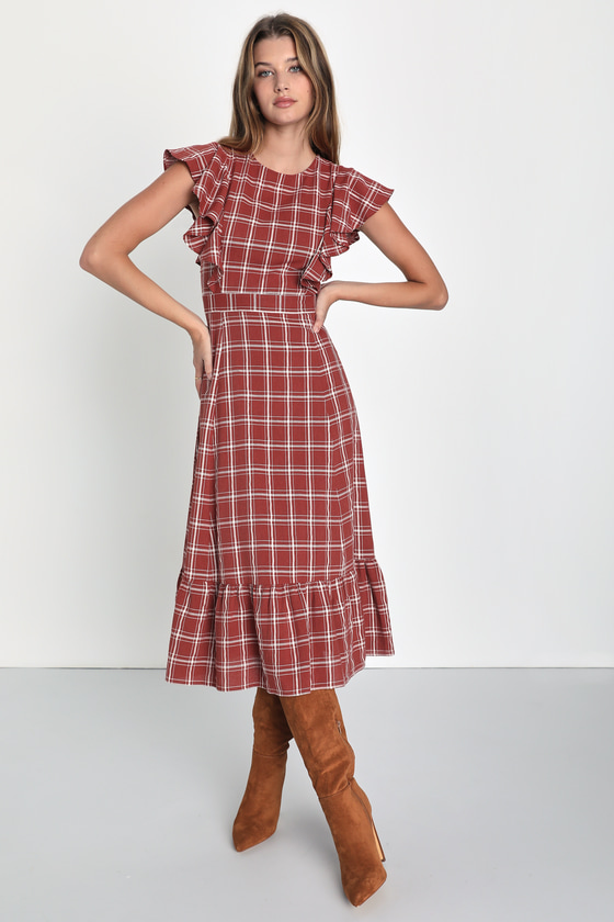 Prairie Persona Rust and White Plaid Short Sleeve Midi Dress