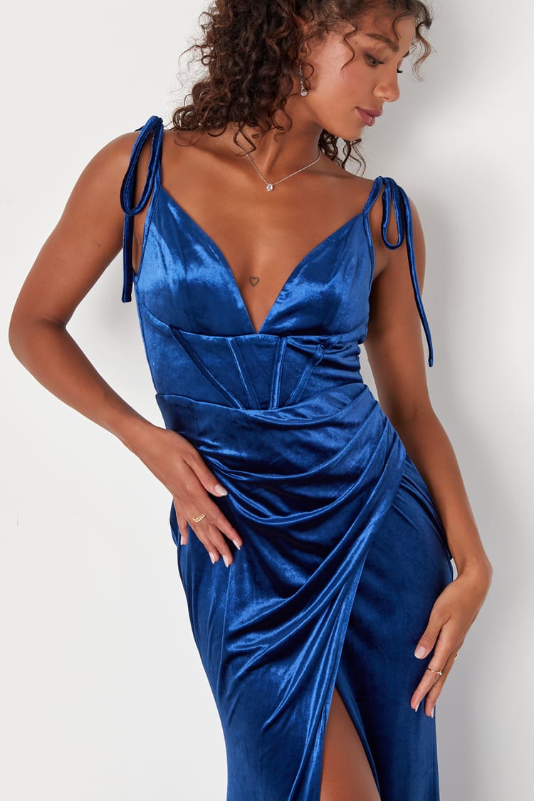 Stately Sweetie Royal Blue Velvet Bustier Tie-Strap Maxi Dress