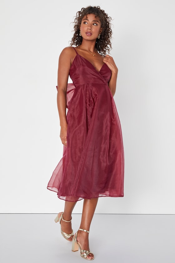 Lulus Precious Darling Burgundy Organza Bow Pleated Midi Dress