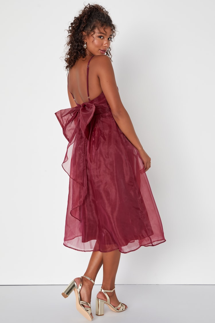 burgundy organza dress Cute Burgundy Organza Dress - Bow Dress - Skater Midi Dress