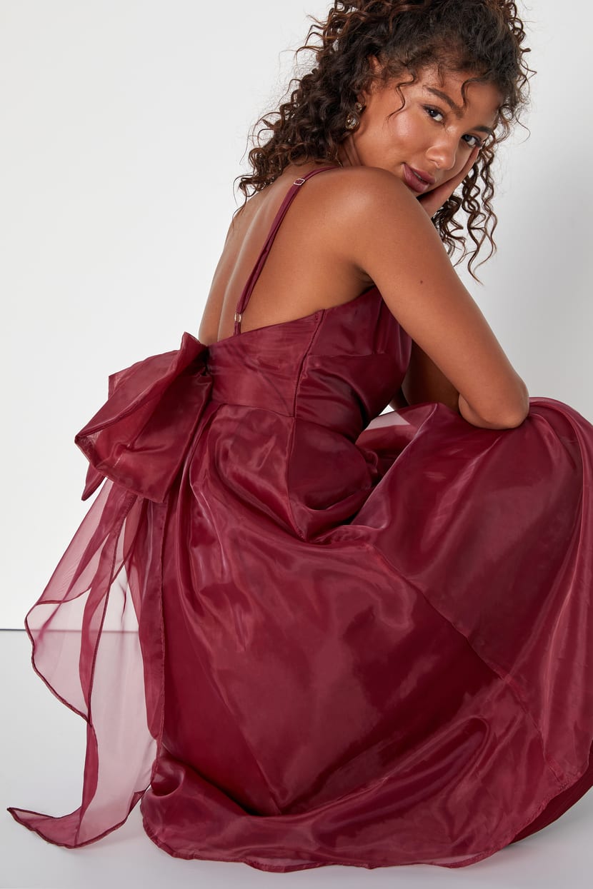 Precious Darling Burgundy Organza Bow Pleated Midi Dress