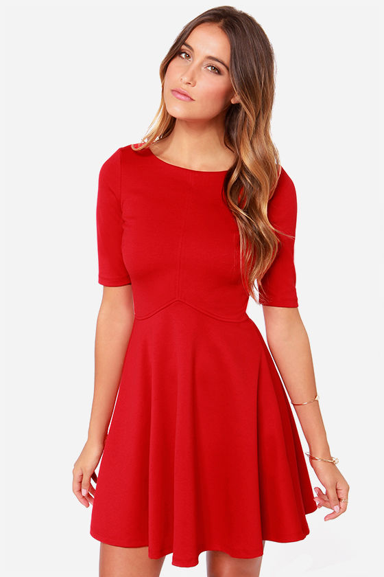 red skater dress with sleeves