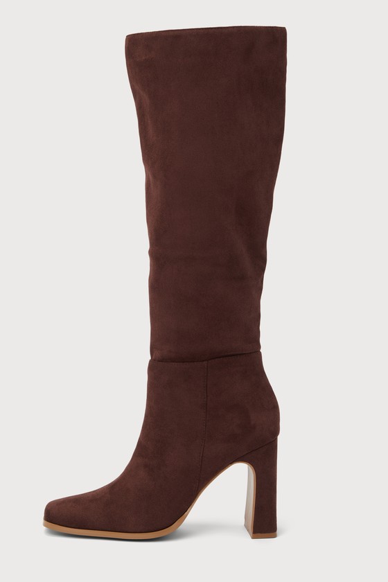 Lulus Ceceliaa Dark Brown Suede Square Toe Knee-high High Heel Boots