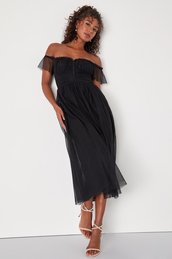 Lulus Regal Radiance Black Tulle Bustier Midi Dress