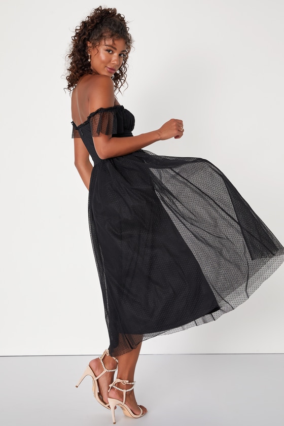 Black Tulle Bustier Midi Dress Womens X Small 100 Polyester Lulus