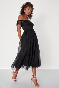 Regal Radiance Black Tulle Bustier Midi Dress