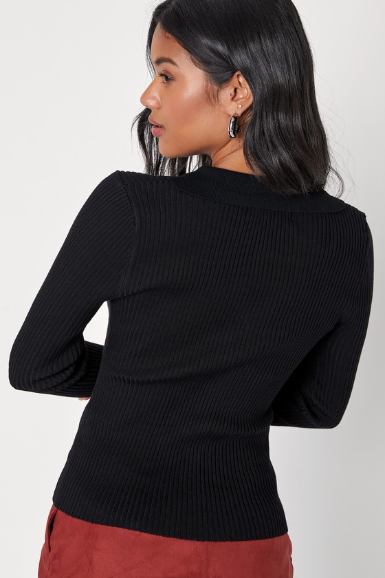 Button-Up Sweater with Ribbed Details - Black