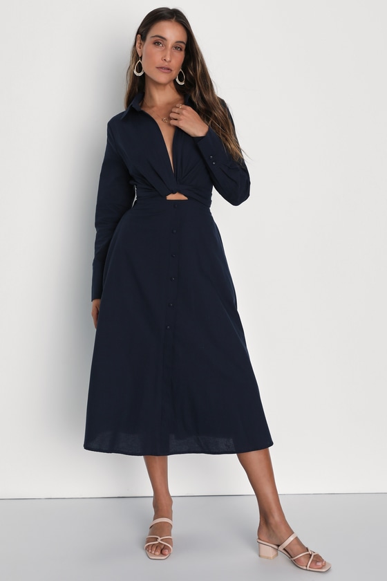 Navy Blue Midi Dress - Dress With Pockets - Long Sleeve Dress - Lulus
