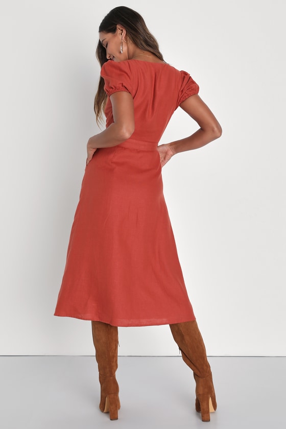 Linen-Cotton Blend Dress - Rust Midi Dress - Button-Front Dress - Lulus