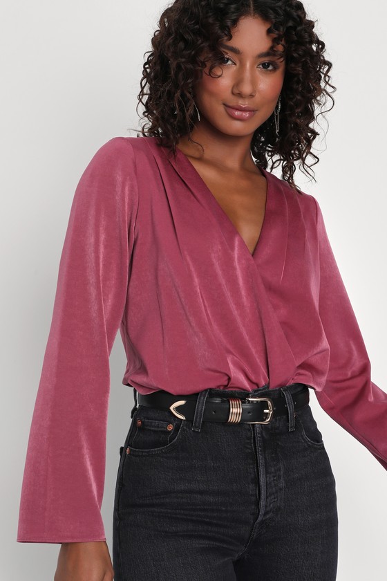 Mauve Bodysuit - Long Sleeve Bodysuit - Mauve Surplice Bodysuit - Lulus