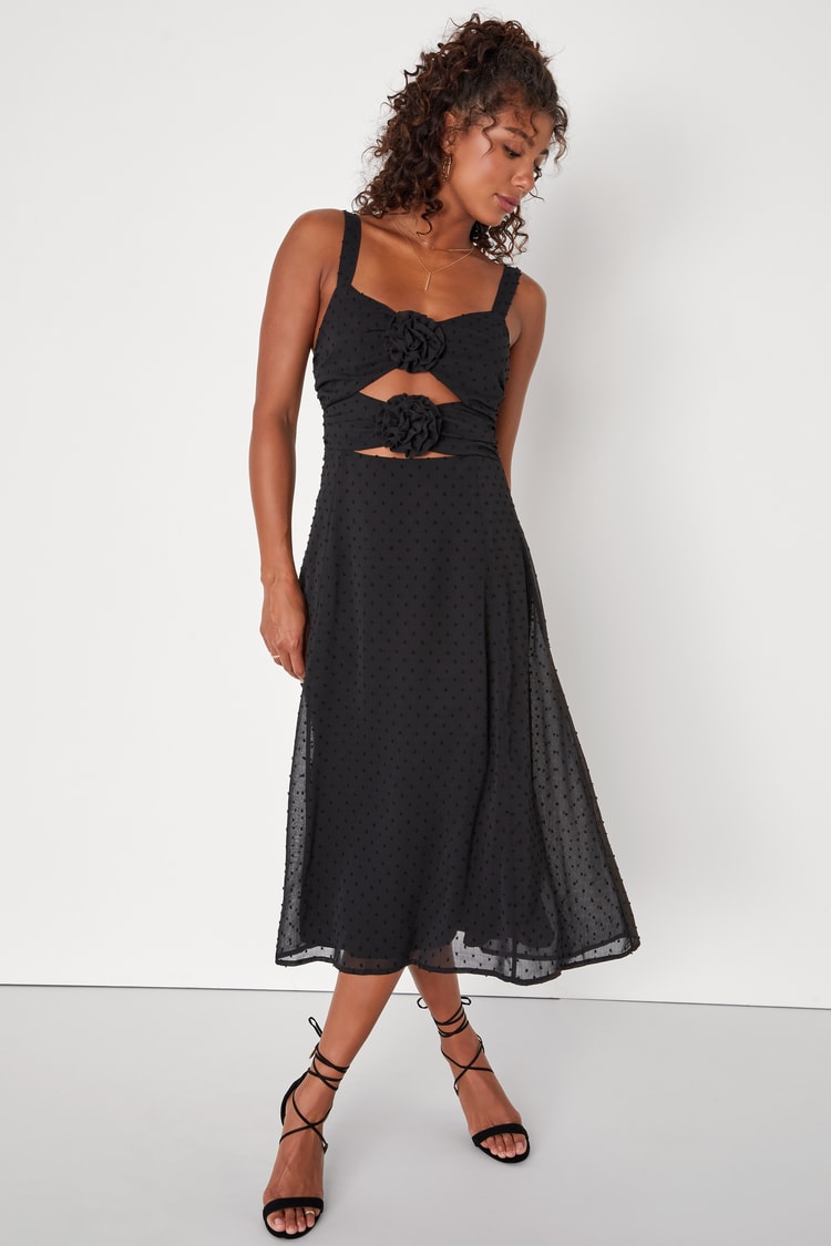 knee length dresses for ladies Hanneli Ruffle Sleeve Swiss Dot Midi Dress In Black – The Design Closets main image 1