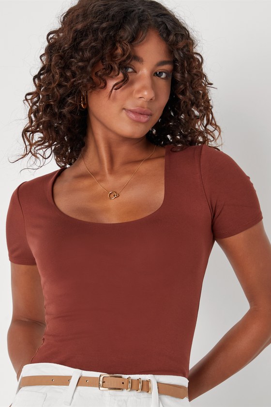 Brown Tee Short Sleeve Top Jersey Knit Top Scoop Neck Top Lulus