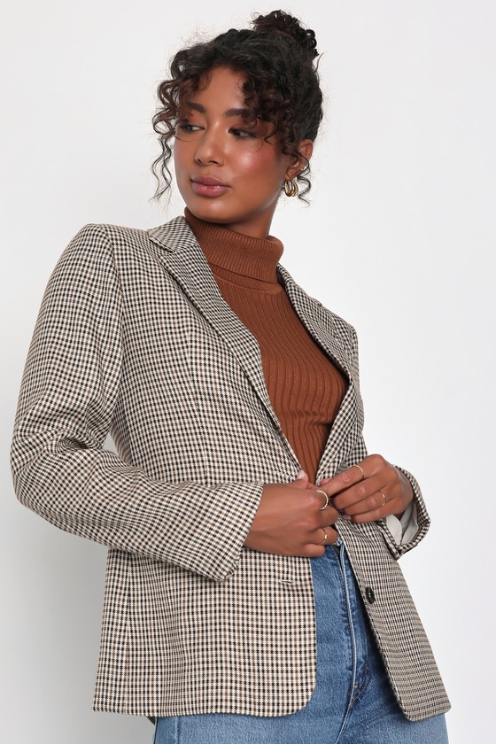 Lulus Posh Persuasion Ivory And Brown Houndstooth Plaid Blazer