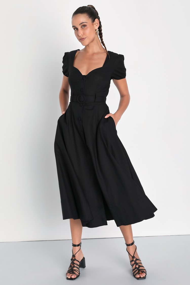 Black Belted Dress - Midi Dress With Pockets - Linen Dress - Lulus