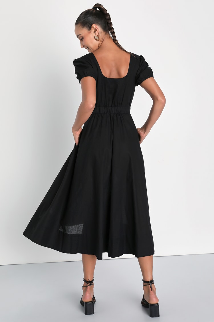 Black Belted Dress - Midi Dress With Pockets - Linen Dress - Lulus