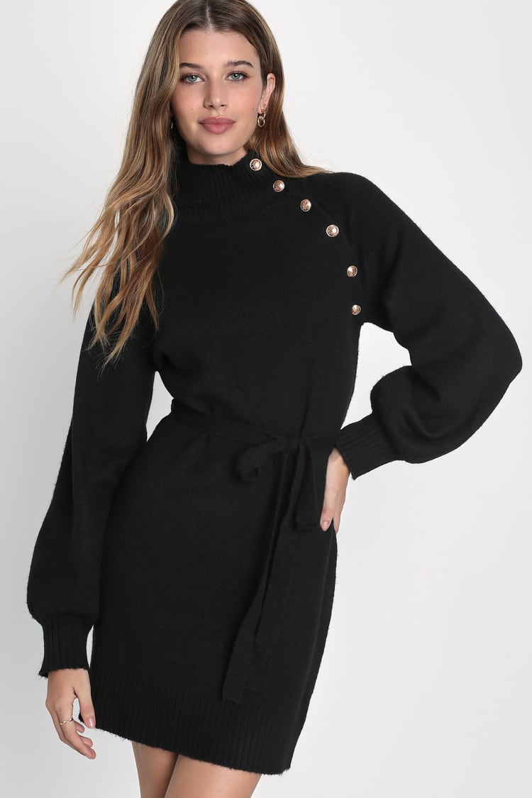 Posh Cutie Black Button-Front Mock Neck Mini Sweater Dress