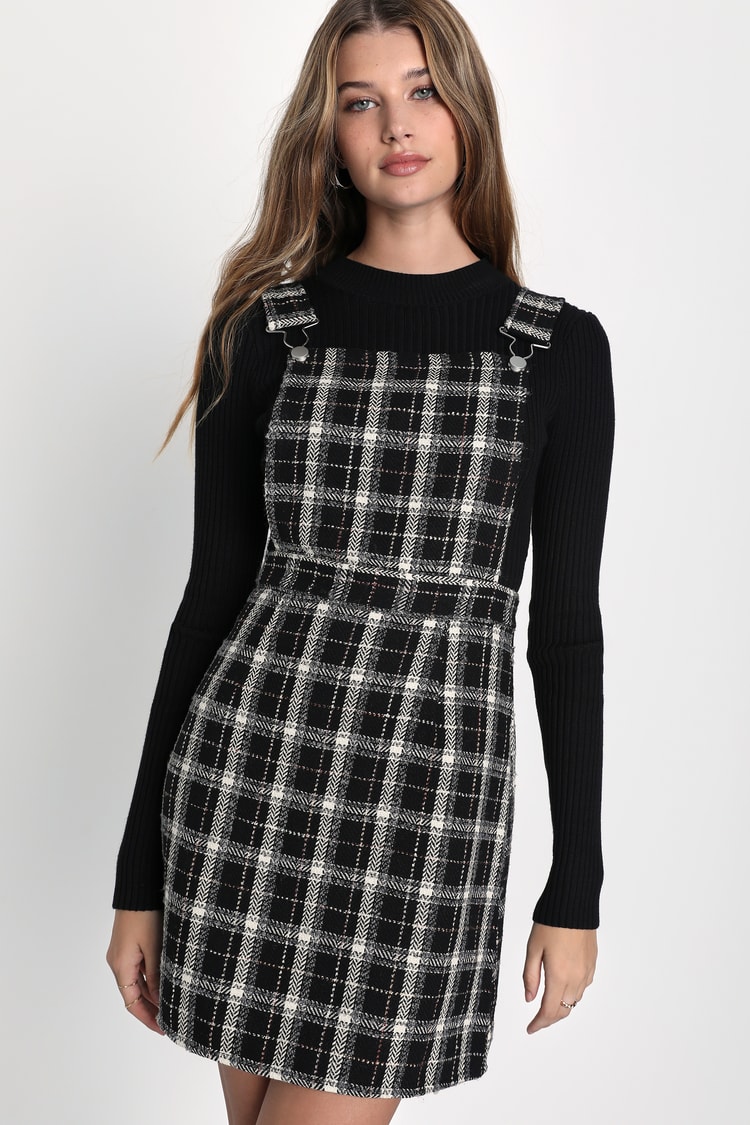 Adorable Persona Black and White Plaid Tweed Apron Mini Dress