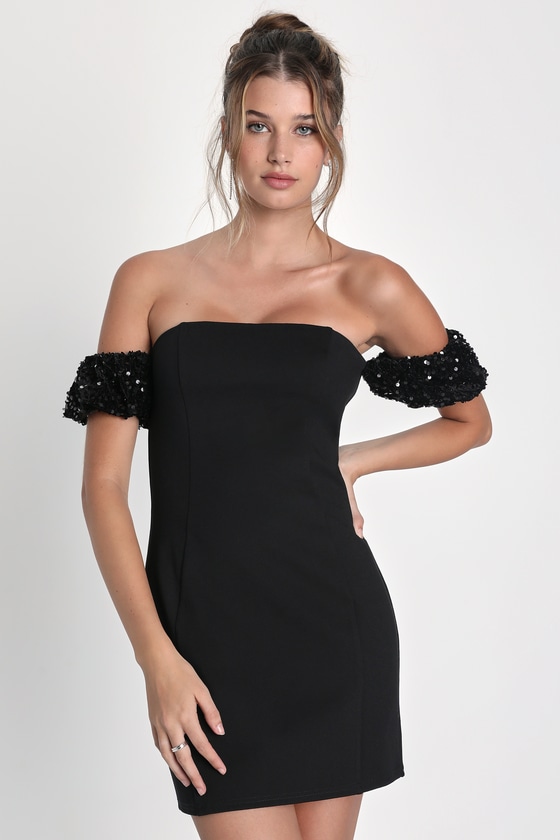 Black Mini Dress - Off-The-Shoulder Dress - Velvet Sequin Dress - Lulus