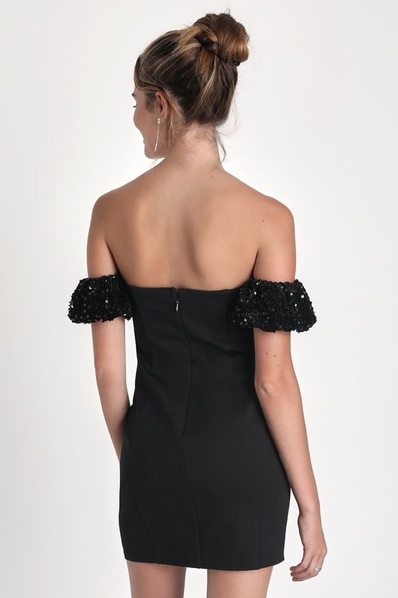 Velvet Shoulder Pad Mini Dress- Black