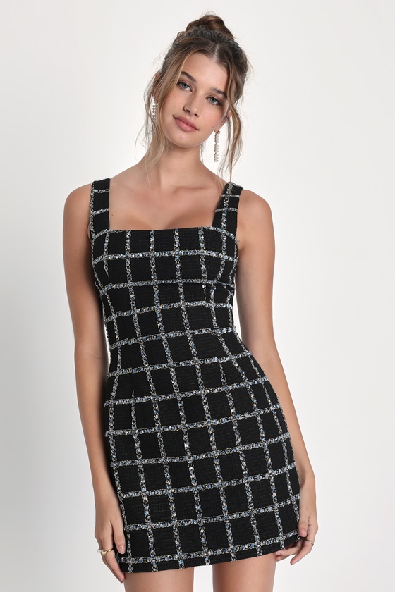 Black Tweed Dress - Sleeveless Mini Dress - Square Neck