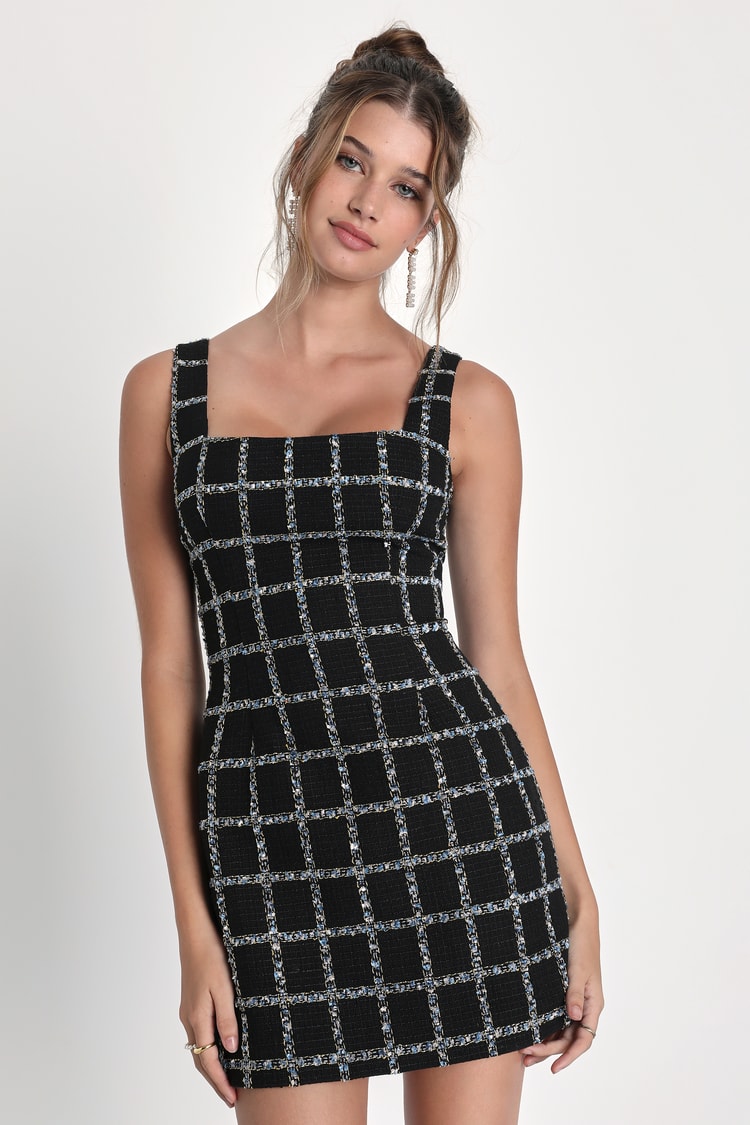 Black Tweed Dress - Sleeveless Mini Dress - Square Neck Dress - Lulus