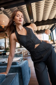 Pur-Suit of Chic Black and White Pinstripe Vest Top